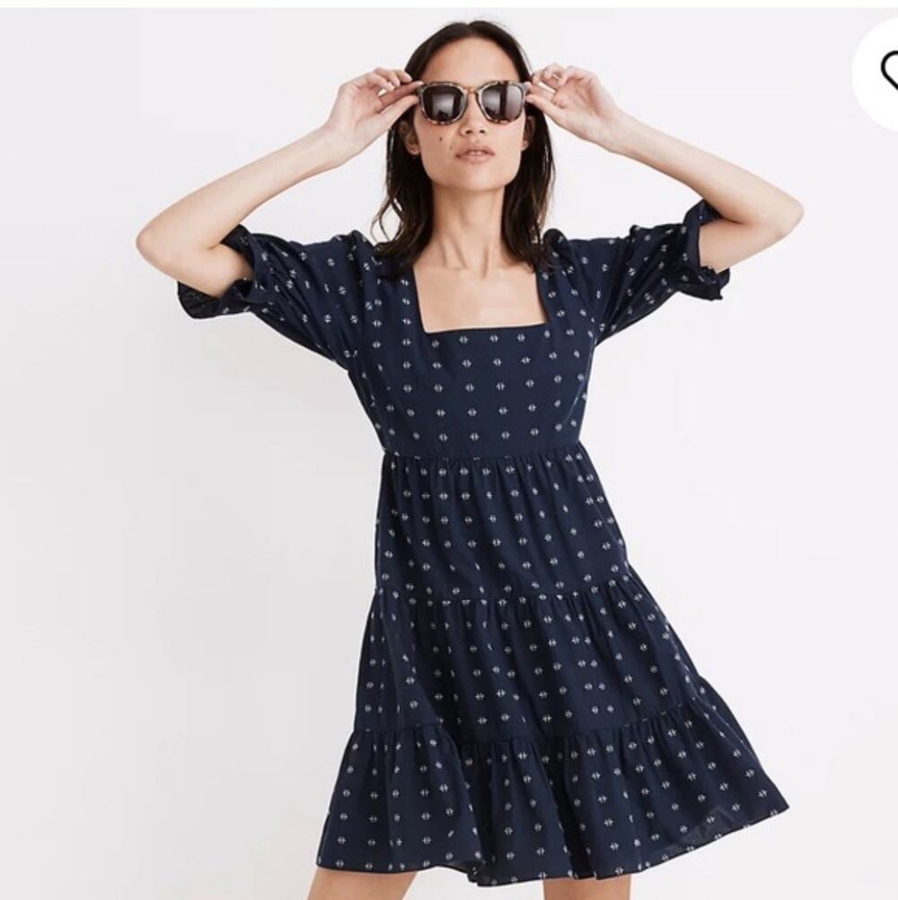 MADEWELL $108 Square-Neck Puff-Sleeve Blue Clip Dot Babydoll Dress 4 Cottagecore